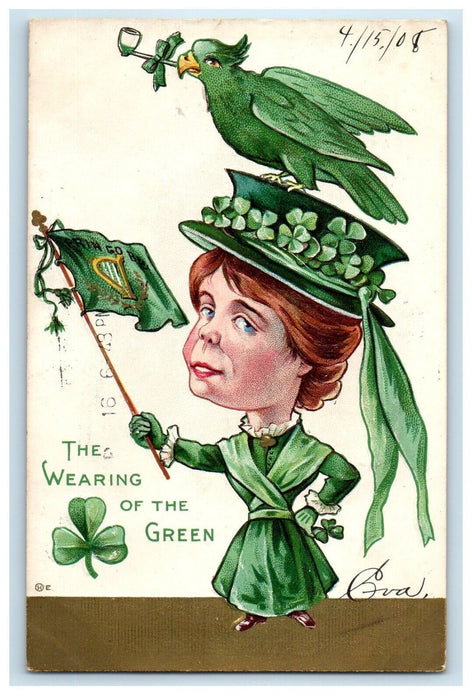 1908 St. Patrick's Day Girl Flag Shamrock Bird Embossed Posted Antique Postcard