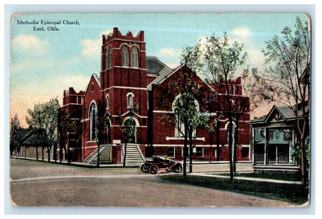 c1910 Car Scene, Methodist Episcopal Church, Enid Oklahoma OK Postcard