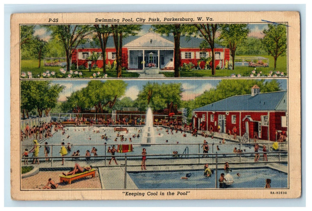 1944 Swimming Pool Scene, City Park, Parkersburg West Virginia WV Postcard