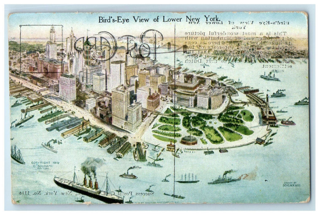 1919 Steamships, Bird's Eye View of Lower New York NY Posted Antique Postcard