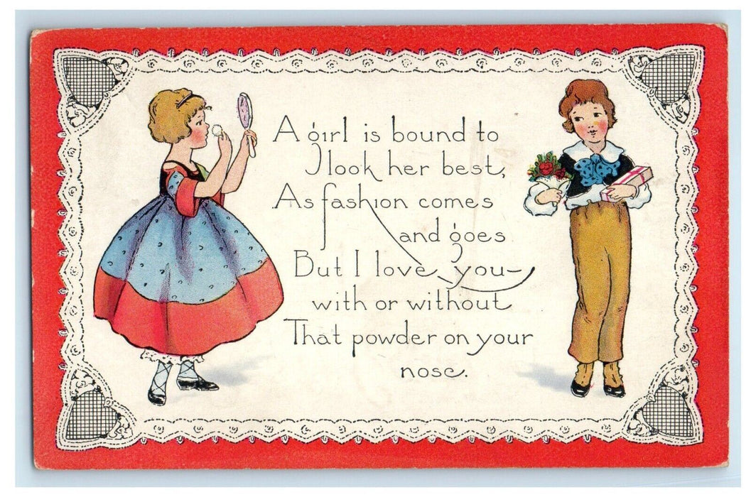 c1910's Valentine Two Girls Mirror Flowers And Gift Posted Antique Postcard