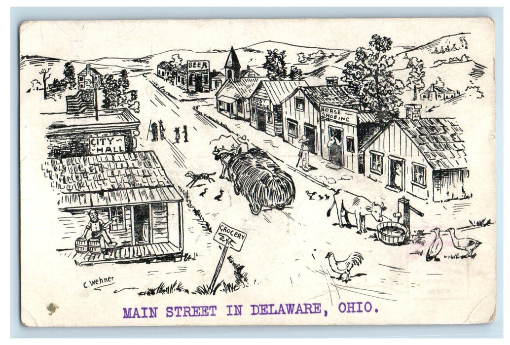 1909 Animals in Main Street Delaware Ohio OH Cleve & CIN RPO Antique Postcard