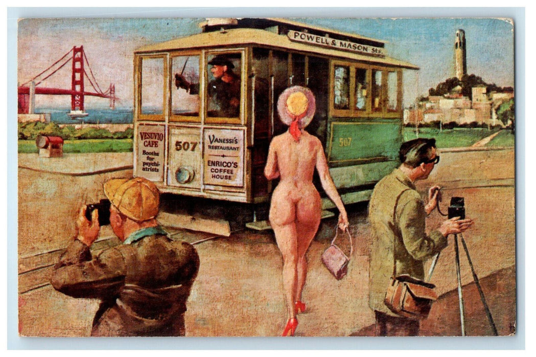 c1950s Streetcar Trolley "507" Nude Woman, Homer Ansley Painting CA Postcard