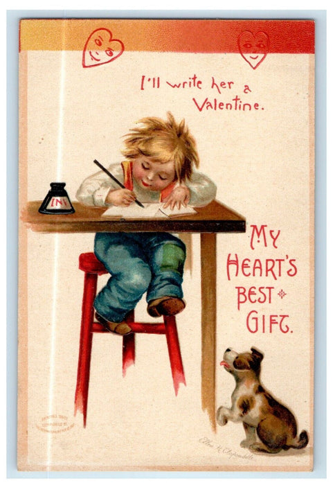 c1910's Valentine Boy Writing Letter Table Cute Dog Ellen Clapsaddle Postcard