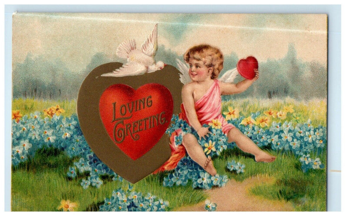 c1910's Valentine Loving Greetings Cherub Angel Dove Heart Flowers Postcard