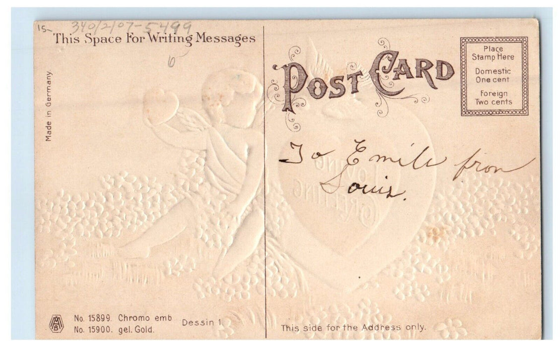 c1910's Valentine Loving Greetings Cherub Angel Dove Heart Flowers Postcard