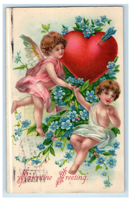 1908 Valentine Greeting Two Angel Cherubs Heart Pansies Flowers Antique Postcard