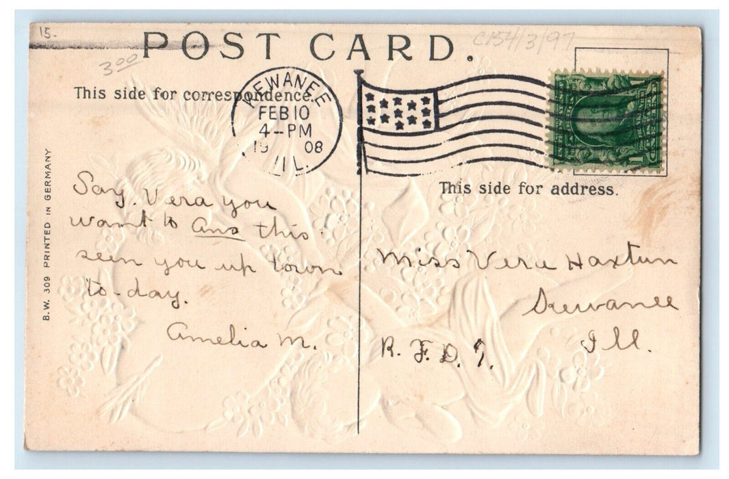 1908 Valentine Greeting Two Angel Cherubs Heart Pansies Flowers Antique Postcard