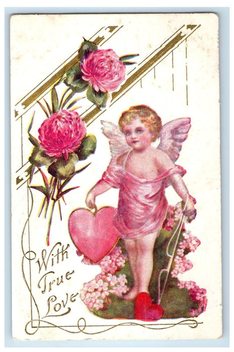 1909 Valentine With True Love Angel Cherub Heart And Flowers Embossed Postcard