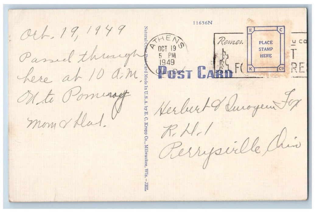 1949 Ewing Hall, Ohio University, Athens Ohio OH Vintage Posted Postcard