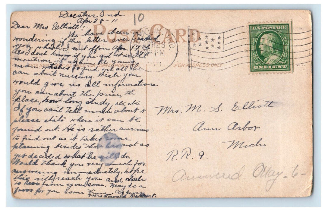 1911 West Ward School House, Decatur Indiana IN Posted Antique Postcard