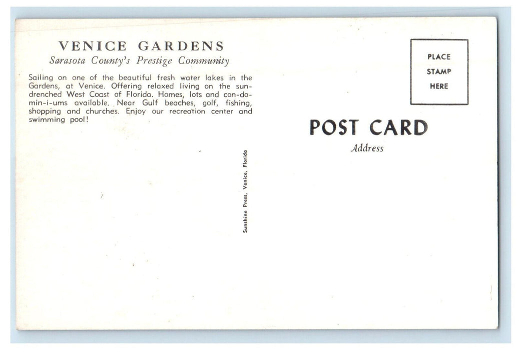 c1960s Boat, Sarasota County's Prestige Community Venice Gardens FL Postcard