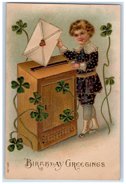 c1910's Birthday Greetings Girl Dropping Envelop Shamrock Embossed Postcard