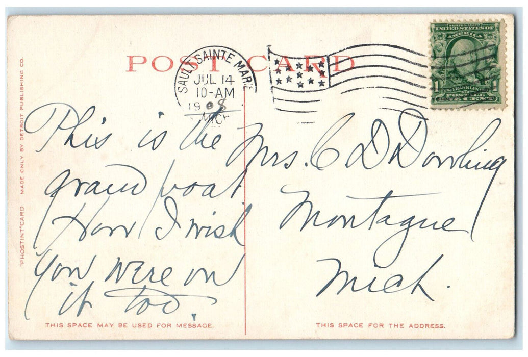 1908 Steamship Smoke, On The Great Lakes Sault Ste. Marie Michigan MI Postcard