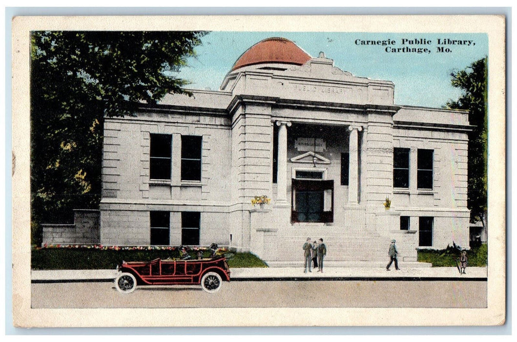 1917 Car Passing, Carnegie Public Library, Carthage Missouri MO Postcard