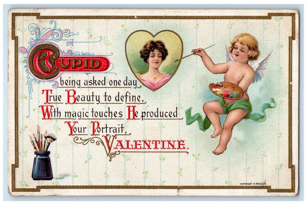 c1910's Valentine Cupid Painting Beautiful Girl St. Parish Ohio OH Postcard