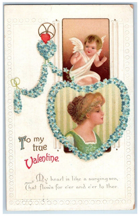 c1910's Valentine Angel Cherub Heart Pansies Flowers Embossed Antique Postcard