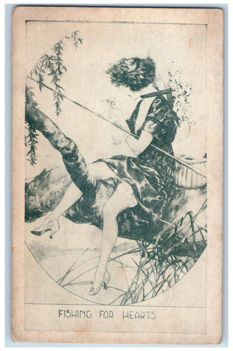 c1905 Sexy Girl Fishing For Hearts Arcade Card Unposted Antique Postcard