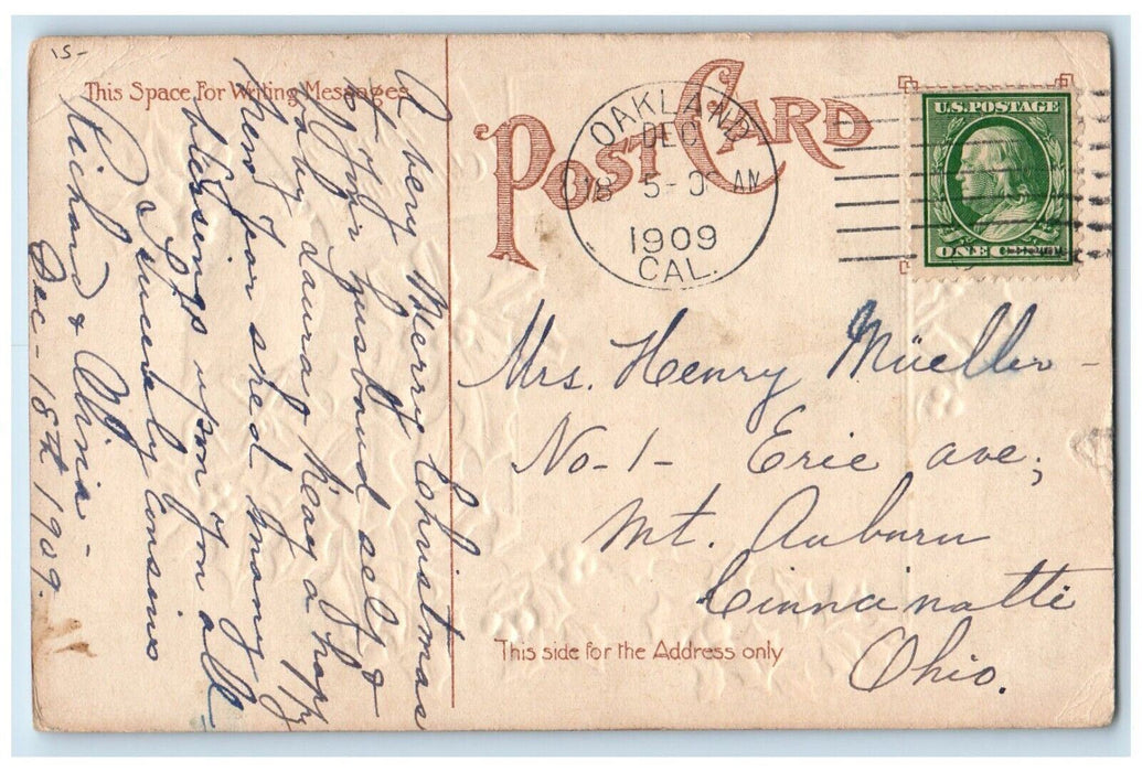 1909 Merry Christmas Boy Sitting Holly Berries Singing Bird Embossed Postcard