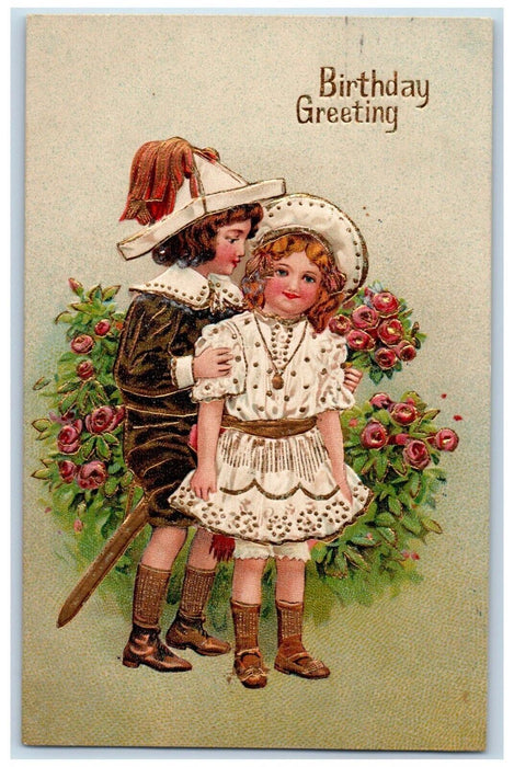 1909 Birthday Greetings Boy And Girl Sword With Flowers Germany Posted Postcard