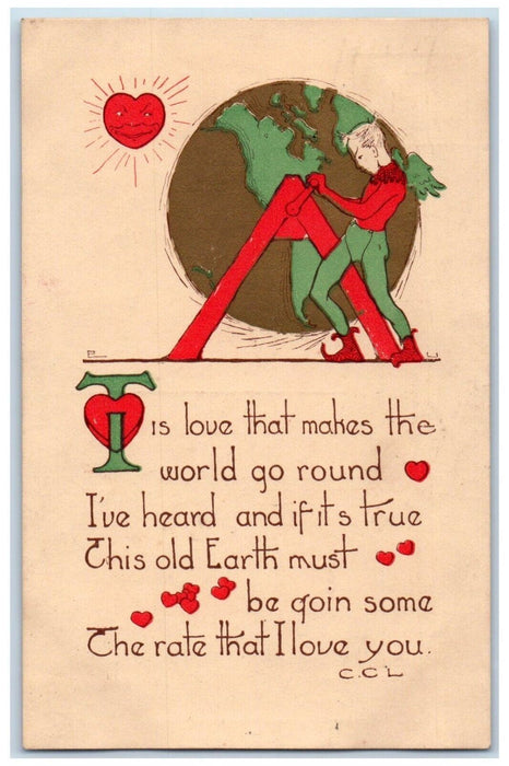 1912 Valentine Earth And Heart Sun Dutch Boy Urbana Illinois IL Postcard