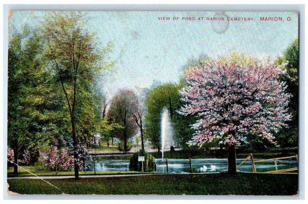 1912 View of Pond at Marion Cemetery Marion Ohio OH Antique Postcard