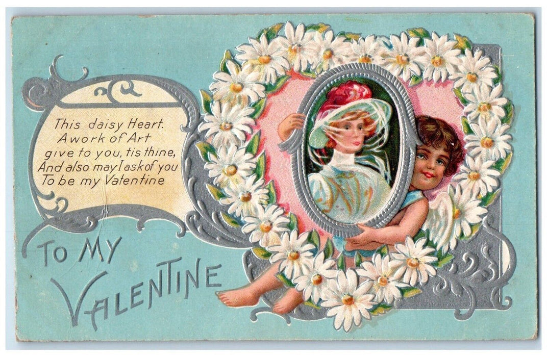 1911 Valentine Little Girl Holding Frame White Pansies Flowers Embossed Postcard