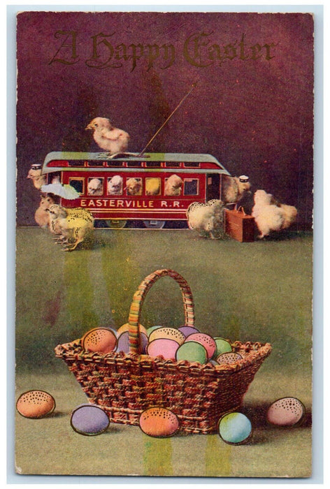 c1910's Happy Easter Chicks Trolley Toy Basket Of Eggs Unposted Antique Postcard