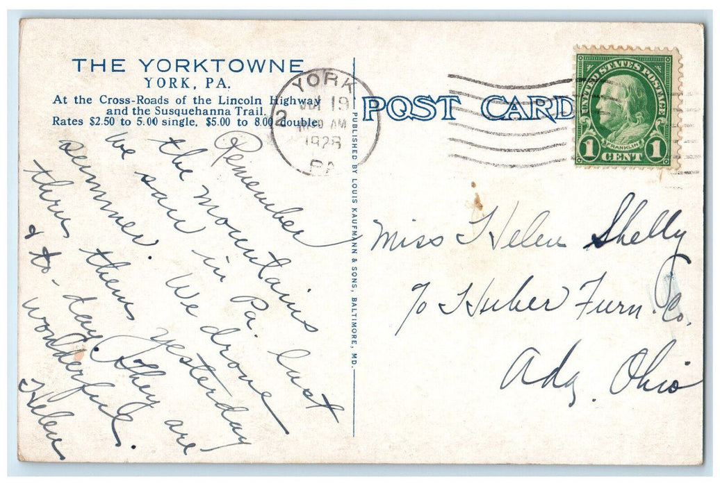 1928 The Yorktowne, Under American Hotels Corporation, York PA Postcard