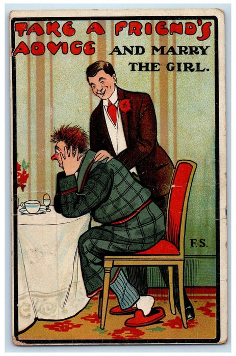 1909 Two Boys Take A Friend's Advice Anti Marriage Shelby Ohio OH Postcard