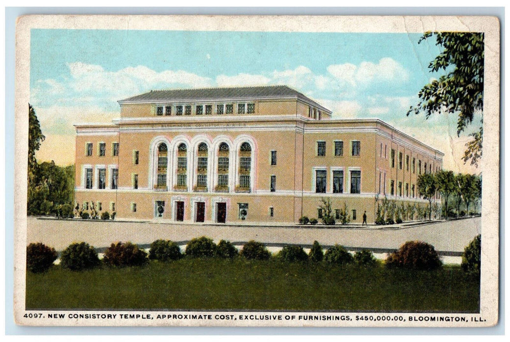 c1920s New Consistory Temple, Bloomington Illinois IL Unposted Postcard