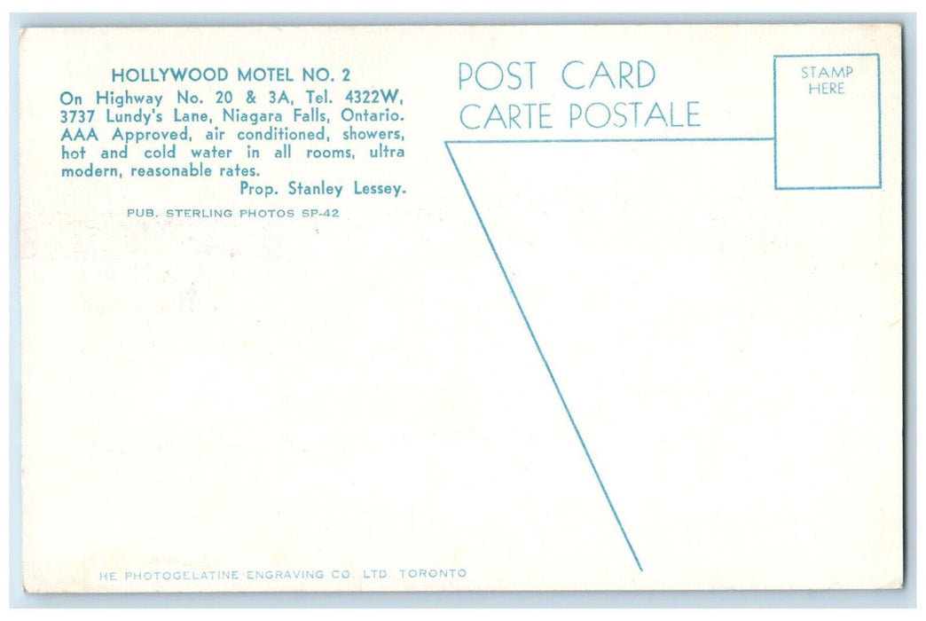 c1950s Hollywood Motel No. 2 Lundy's Lane Niagara Falls Ontario Canada Postcard
