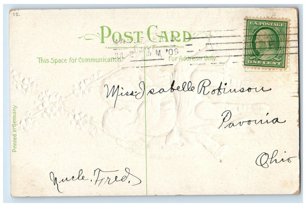 c1910's Birthday Greetings Hanging Horsehoe Boy And Girl Swing Embossed Postcard