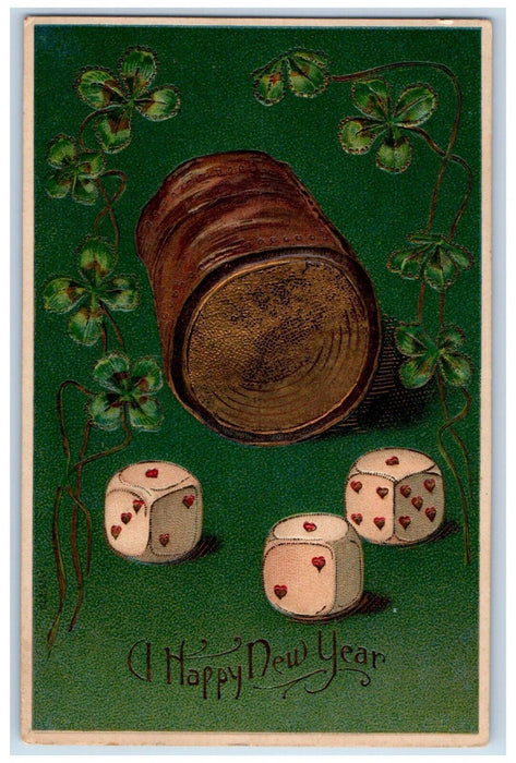 1908 A Happy New Year Shamrock Gambling Dice Embossed Posted Antique Postcard