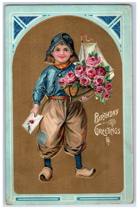 1912 Birthday Greetings Dutch Boy With Flowers And Letter Present Postcard