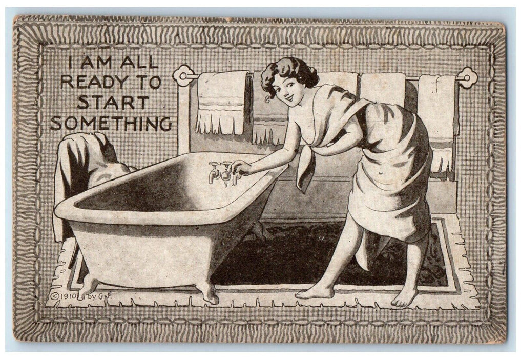 1911 Girl Bath Tub I am Ready to Start Something Romance Posted Antique Postcard