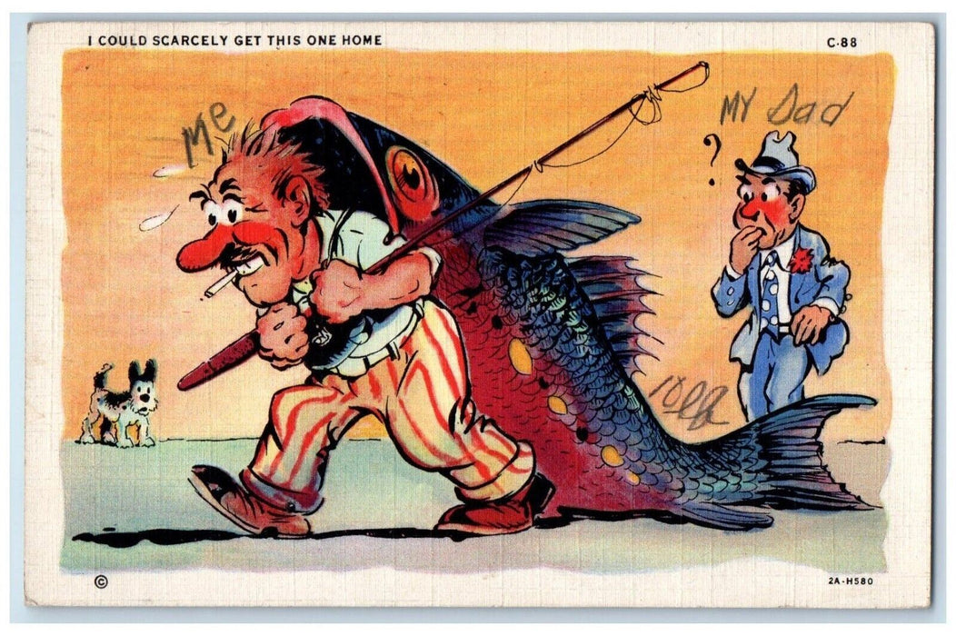 1936 I Could Scarcely Get This One Home Exaggerated Fish Vintage Postcard