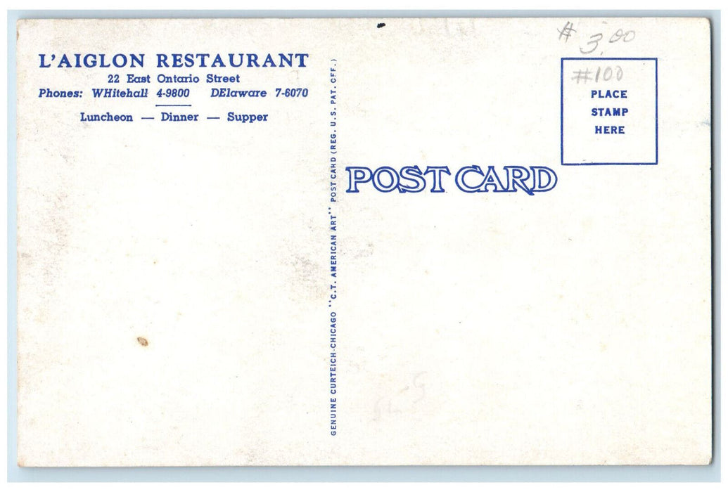 c1950s L'aiglon Restaurant, Ontario Street Chicago Illinois IL Vintage Postcard