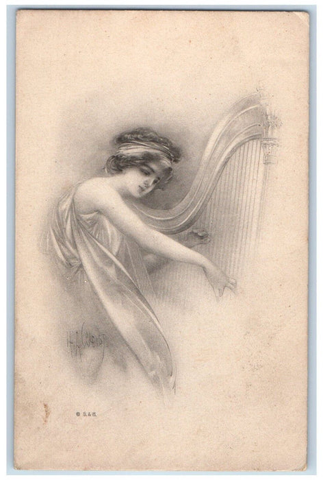 1912 Victorian Girl Playing Harp Mansfield Ohio OH Posted Antique Postcard