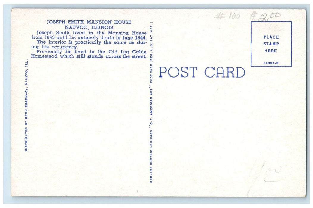 c1950s Joseph Smith's Mansion House, Nauvoo Illinois IL Unposted Postcard