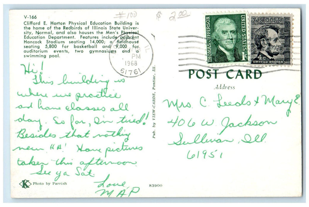 1968 Clifford E Horton Physical Education Building Normal Illinois IL Postcard