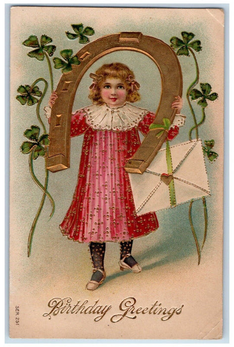 1909 Birthday Greetings Girl Holding Horseshoe With Letter Embossed Postcard