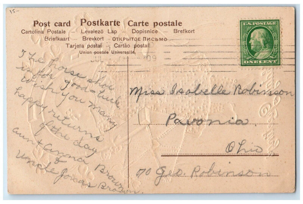 1909 Birthday Greetings Girl Holding Horseshoe With Letter Embossed Postcard