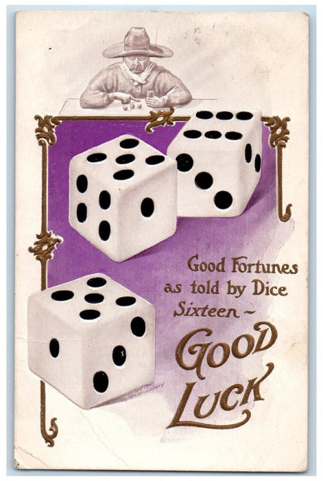 1908 Cowboy Gambling Dice Good Luck Embossed Posted Antique Postcard
