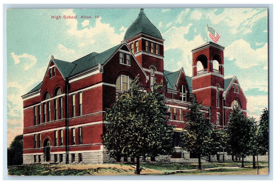 c1910 Building of High School Alton Illinois IL Litho-Chrome Postcard