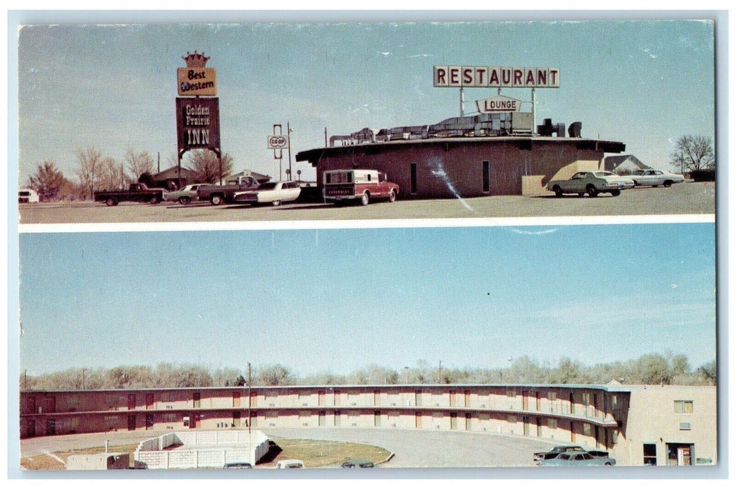 Golden Prarie Inn Restaurant Cars Stratton Colorado CO, Dual View Postcard
