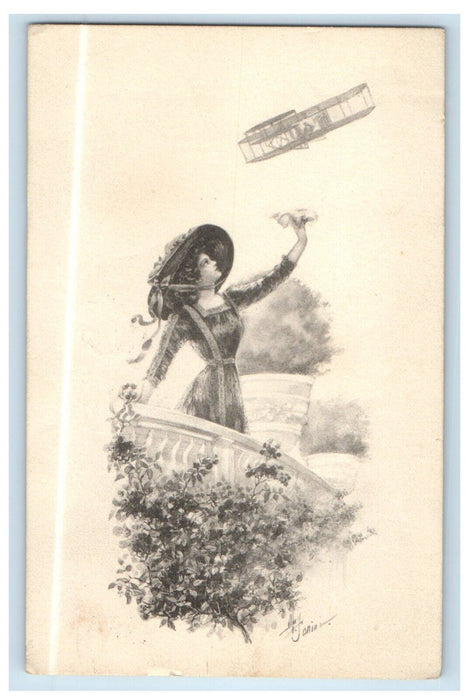 1911 Beautiful Girl At Garden With Big Hat Airplane Posted Antique Postcard