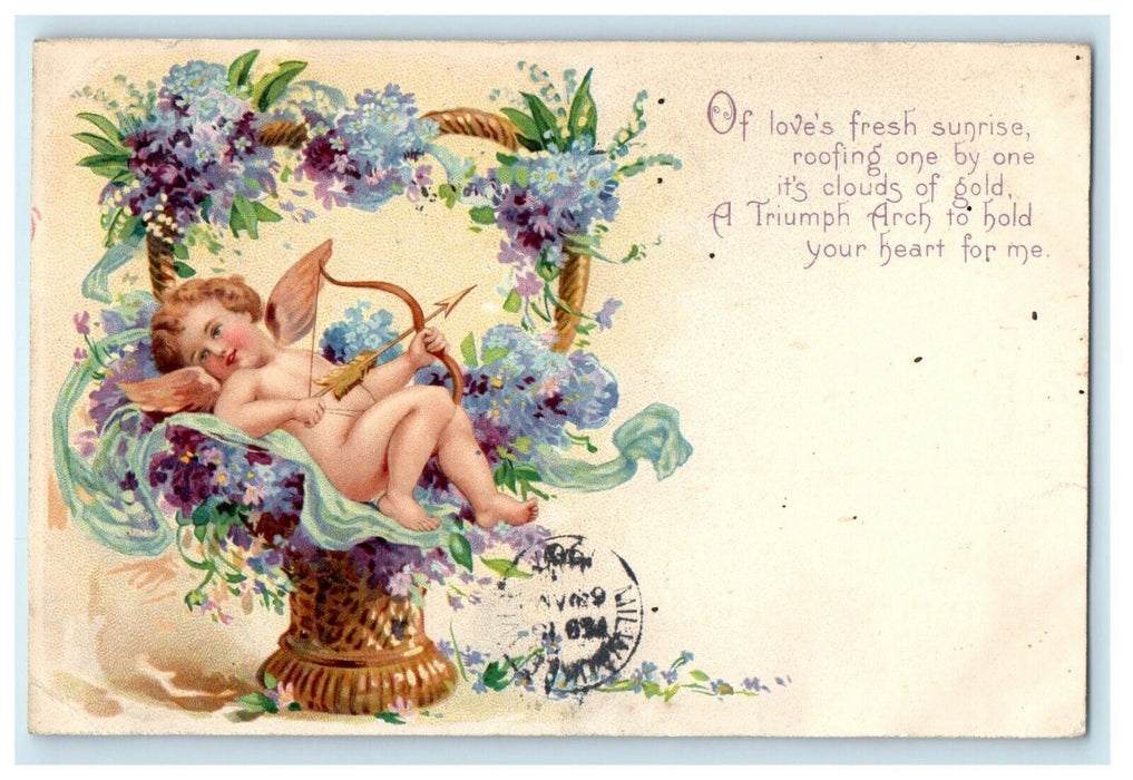 1907 Valentine Cupid Cherub With Flowers In Heart Shape Antique Postcard