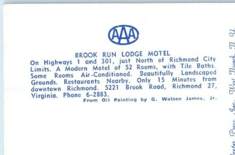 c1940's The Brook Run Lodge Motel Sign Richmond Virginia VA Vintage Postcard