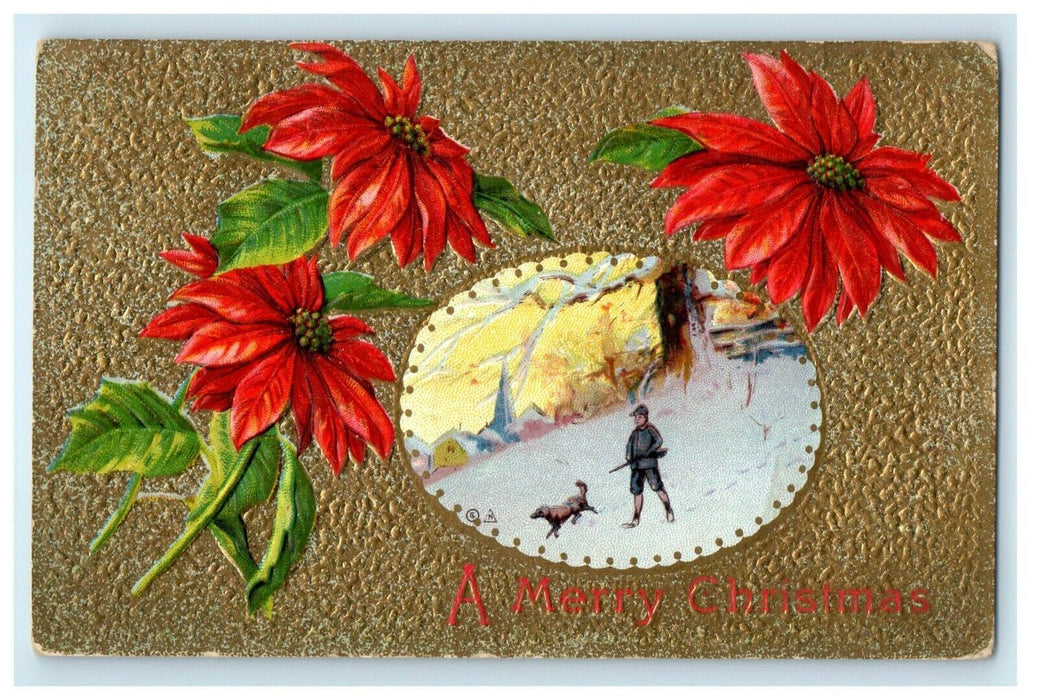 c1905 Christmas Boy With Gun Dog Poinsettia Flowers Gold Winsch Back Postcard